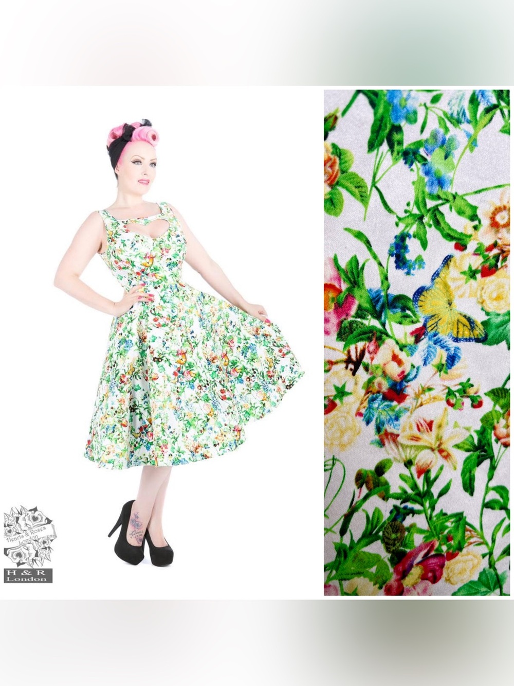 🦋Hearts & Roses Garden Dress Floral Butterflies Heart Cut Out Pin Up 50’s Punk